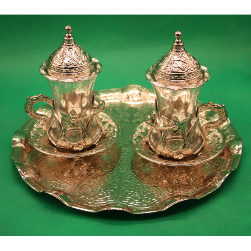 Турецкий набор #51 для подачи кофе Армуды с лукумницами Cеребро на подносе Турецкий набор #51 для подачи кофе Армуды с лукумницами Cеребро на подносе