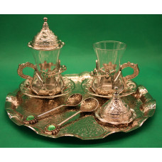 Турецький набір #48 для кави армуди, лукумниці, ложечки Срібло на таці Турецький набір #48 для кави армуди, лукумниці, ложечки Срібло на таці
