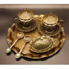 Турецький набір #43 для кави чашки 110 мл демітас на круглій таці Бронзовий колір Турецький набір #43 для кави чашки 110 мл демітас на круглій таці Бронзовий колір