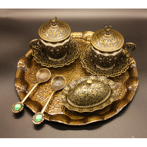 Турецкий набор #43 для кофе чашки 110 мл демитас на круглом подносе Бронзовый цвет Турецкий набор #43 для кофе чашки 110 мл демитас на круглом подносе Бронзовый цвет