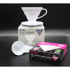 Набір Пуровер HARIO V60 01 200 мл. білий + 40 фільтрів + мірна ложка