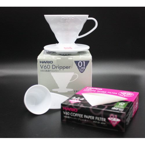 Набор Пуровер HARIO V60 01 200 мл. белый + 40 фильтров + мерная ложка Набор Пуровер HARIO V60 01 200 мл. белый + 40 фильтров + мерная ложка