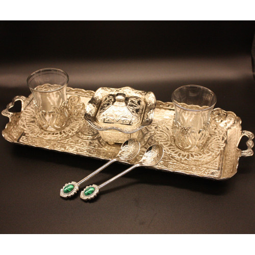 Турецкий набор #24 для подачи кофе Армуды на подносе Серебро Турецкий набор #24 для подачи кофе Армуды на подносе Серебро