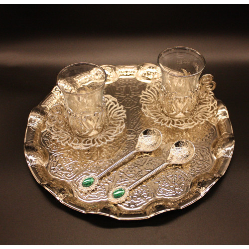 Турецкий набор #22 для подачи кофе Армуды на подносе Серебро Турецкий набор #22 для подачи кофе Армуды на подносе Серебро