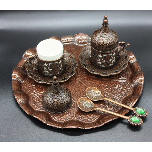 Турецкий набор #83 для подачи кофе 50 мл Демитас на подносе Медный цвет Турецкий набор #83 для подачи кофе 50 мл Демитас на подносе Медный цвет