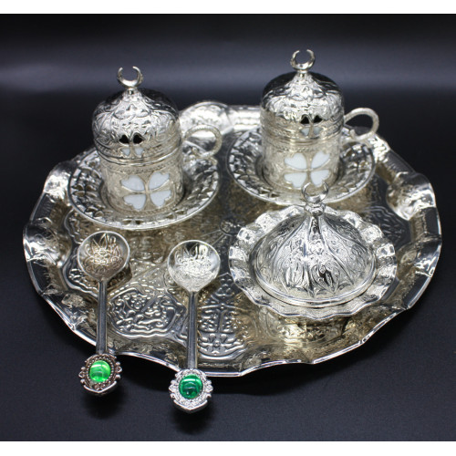 Турецкий набор #79 для подачи кофе 50 мл Демитас на подносе Серебро Турецкий набор #79 для подачи кофе 50 мл Демитас на подносе Серебро