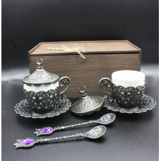Подарунковий набір турецьких чашок Демітас 110 у коробці для чаю та кави (Темне срібло)