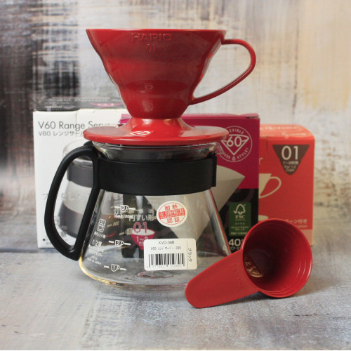 Набор Пуровер HARIO V60 01 красный + Сервер 360 мл + мерная ложка + фильтры V60 Набор Пуровер HARIO V60 01 красный + Сервер 360 мл + мерная ложка + фильтры V60
