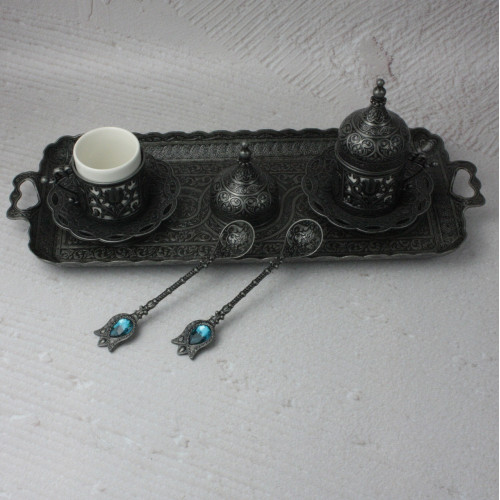 Турецкий набор #134 для подачи кофе 50 мл Демитас на подносе Темное серебро Турецкий набор #134 для подачи кофе 50 мл Демитас на подносе Темное серебро