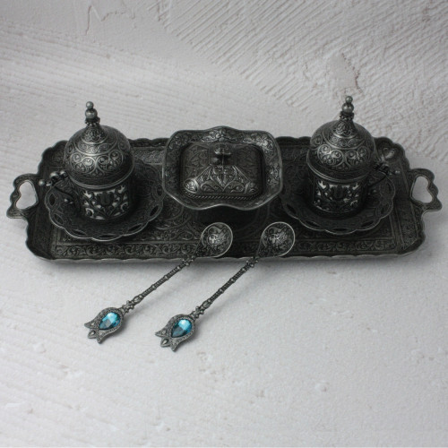 Турецкий набор #135 для подачи кофе 50 мл Демитас на подносе Темное серебро Турецкий набор #135 для подачи кофе 50 мл Демитас на подносе Темное серебро