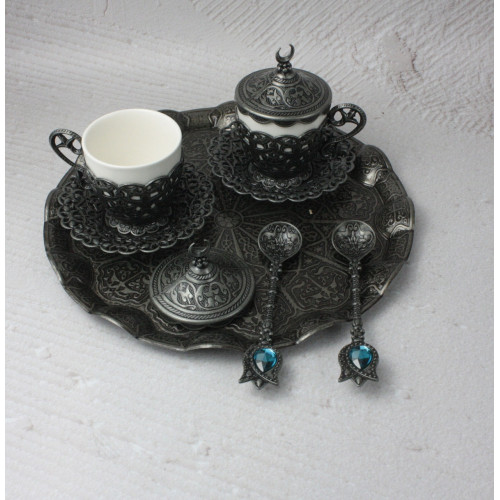 Турецкий набор #136 для подачи кофе чашки 110 мл демитас на подносе Темное серебро Турецкий набор #136 для подачи кофе чашки 110 мл демитас на подносе Темное серебро