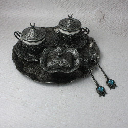 Турецкий набор #140 для подачи кофе 110 мл демитас на подносе Темное Серебро Турецкий набор #140 для подачи кофе 110 мл демитас на подносе Темное Серебро