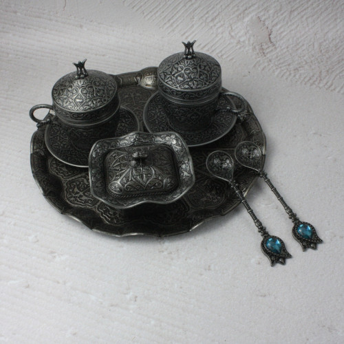 Турецкий набор #141 для подачи кофе 110 мл демитас на подносе Темное Серебро Турецкий набор #141 для подачи кофе 110 мл демитас на подносе Темное Серебро