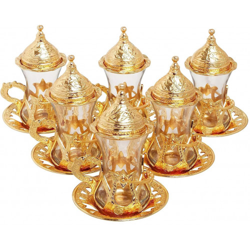 Набор турецких стаканов 6 шт. Армуды с лукумницей для чая и кофе. Золото Набор турецких стаканов 6 шт. Армуды с лукумницей для чая и кофе. Золото
