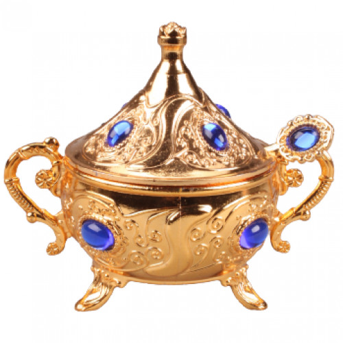 Турецкая сахарница с ложкой цвет золотой (Синий камень) Турецкая сахарница с ложкой цвет золотой (Синий камень)
