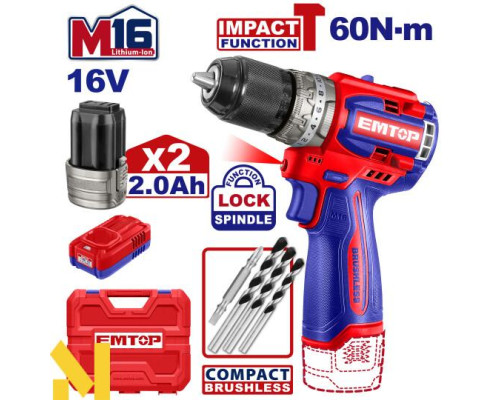 Дриль-шуруповерт акумуляторний EMTOP ECIDL16682