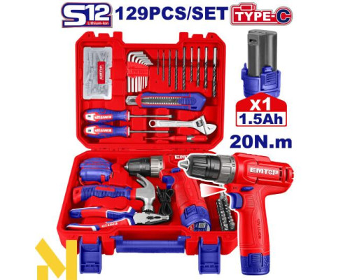 Дриль-шуруповерт акумуляторний EMTOP EEDK12901 + набір інструментів 129 шт.