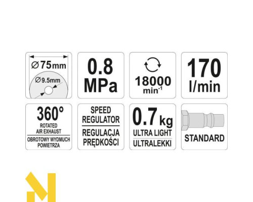 Болгарка (кутова шліфмашина) пневматична Yato YT-09717