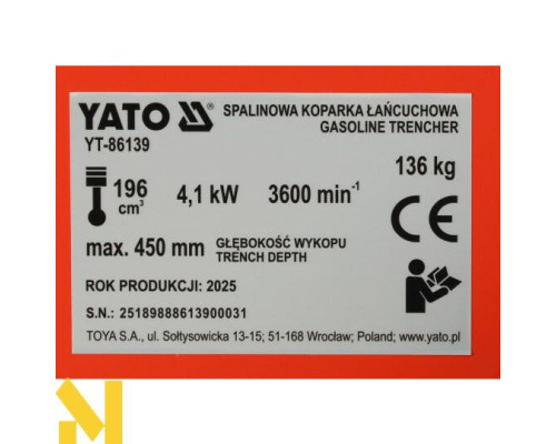 Траншеєкопач YATO YT-86139