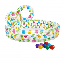 Дитячий надувний басейн Intex 59469-1 «Ананас», 132 х 28 см, з м'ячем та колом, з кульками 10 шт.