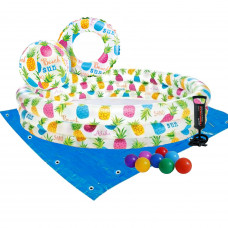 Дитячий надувний басейн Intex 59469-2 «Ананас», 132 х 28 см, з м'ячем та колом, з кульками 10 шт, підстилкою, насосом