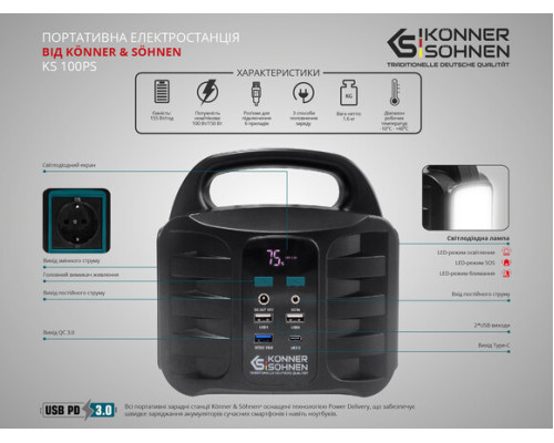 Зарядна станція Konner&Sohnen KS 100PS (155 Вт·год / 100 Вт)
